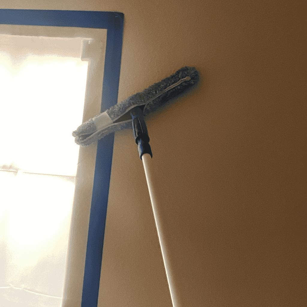 Soft-bristle paint roller cleaning wall with a ceiling scraper, in a home restoration process, emphasizing professional restoration and cleanup services.