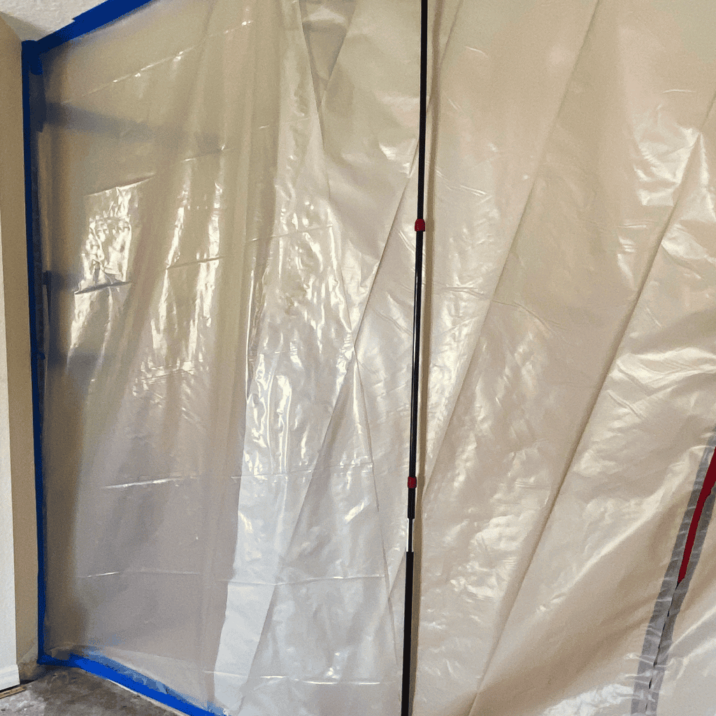 Emergency containment barrier for water and fire restoration services at A+ Integrity Restoration. High-quality, durable plastic barriers to contain and protect affected areas during cleanup.