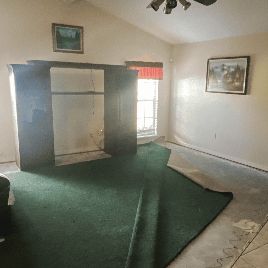 Damaged apartment with water stains, peeling carpet, and furniture removal, showing water damage restoration process by A+ Integrity Restoration.
